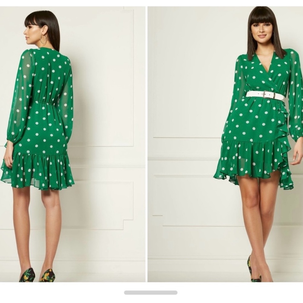 New York & Company Eva Mendes Green Polka Dot Long Sleeve Dress XXL